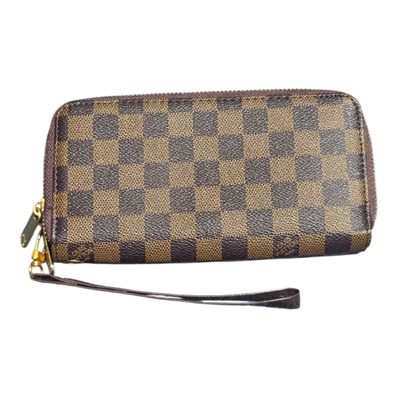 Louis Vuitton Checkered Brown Damier Ebene Wallet Women Double Zip Wrist Strap - Picture 3 of 14